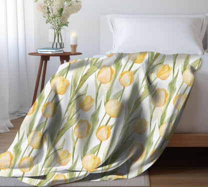 Spring Tulip Blanket Yellow Flowers Fleece Throw Floral Easter Home Decor Botanical Lap Blanket Nursery Decor Nesting Party Baby Shower Gift