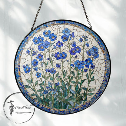 Forget-Me-Not Stained Glass Suncatcher, Window Hanging Decor, Handmade Floral Sun Catcher, Nature Inspired Art, Botanical Glass Ornament
