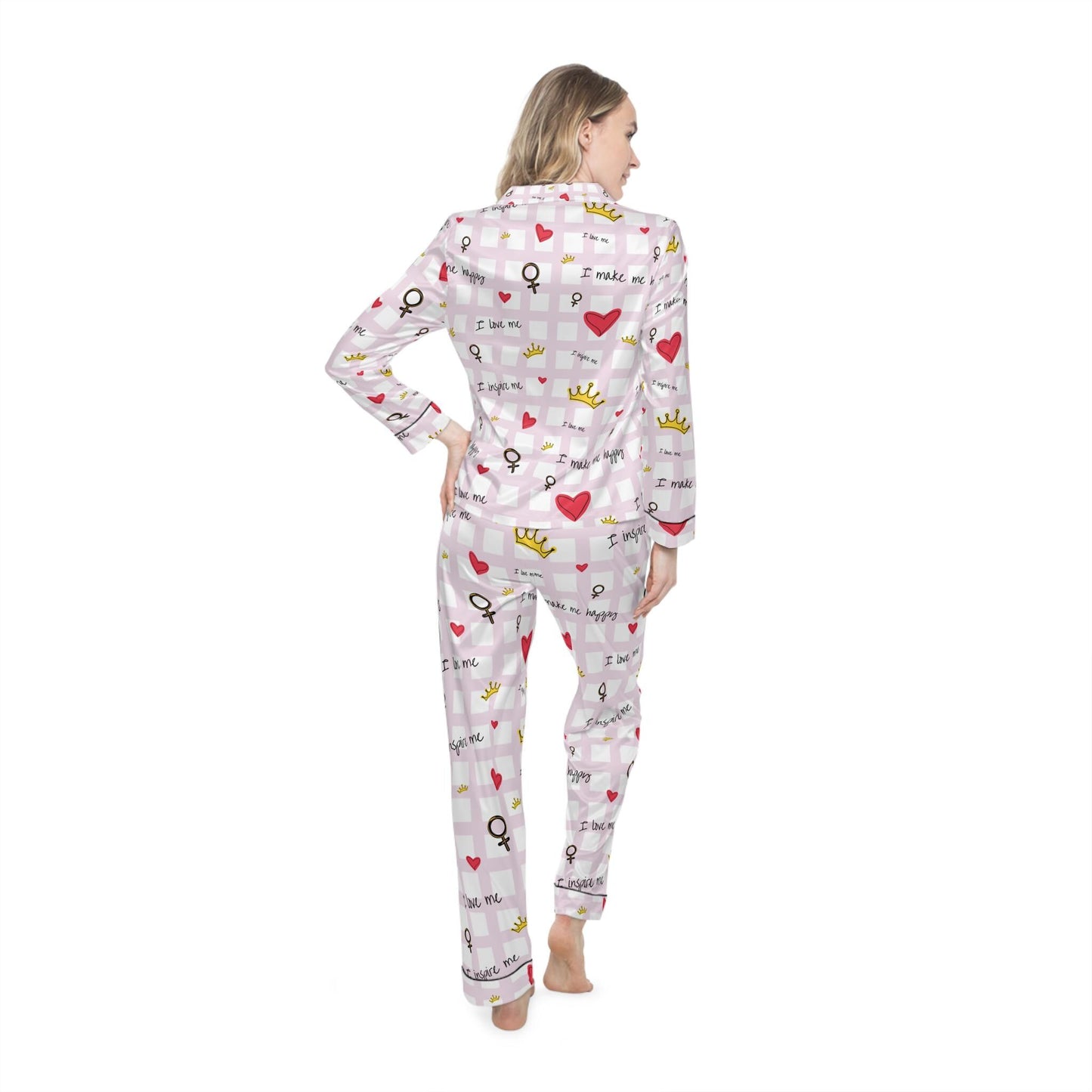 Cozy Hearts & Crowns Satin Pajamas - Women's Sleepwear Set, Cute Printed PJ's, Gift for Her, Lounge Wear, Nightwear