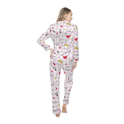 Cozy Hearts & Crowns Satin Pajamas - Women's Sleepwear Set, Cute Printed PJ's, Gift for Her, Lounge Wear, Nightwear
