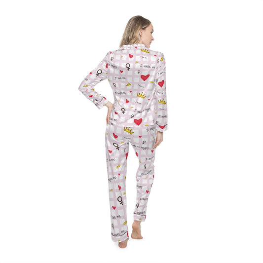 Cozy Hearts & Crowns Satin Pajamas - Women's Sleepwear Set, Cute Printed PJ's, Gift for Her, Lounge Wear, Nightwear