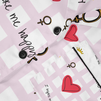 Cozy Hearts & Crowns Satin Pajamas - Women's Sleepwear Set, Cute Printed PJ's, Gift for Her, Lounge Wear, Nightwear