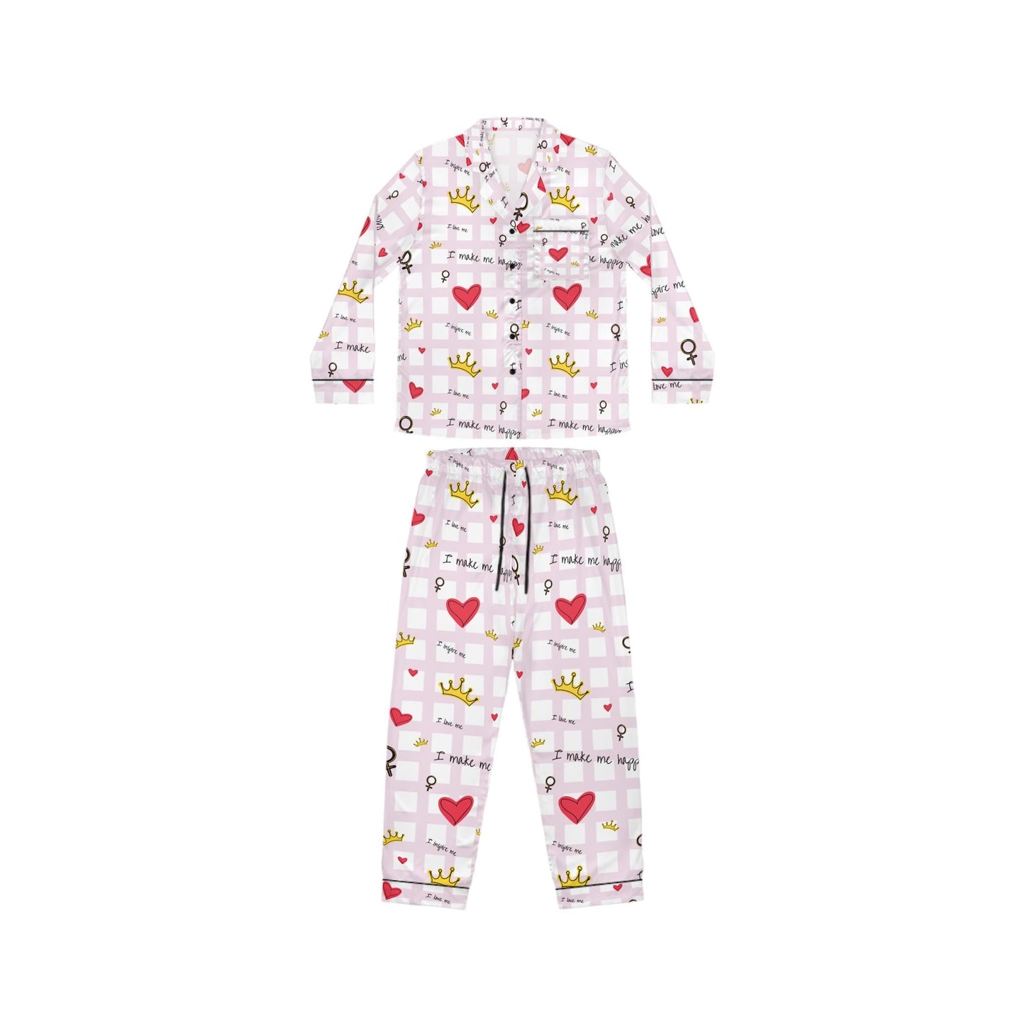 Cozy Hearts & Crowns Satin Pajamas - Women's Sleepwear Set, Cute Printed PJ's, Gift for Her, Lounge Wear, Nightwear