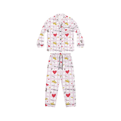 Cozy Hearts & Crowns Satin Pajamas - Women's Sleepwear Set, Cute Printed PJ's, Gift for Her, Lounge Wear, Nightwear
