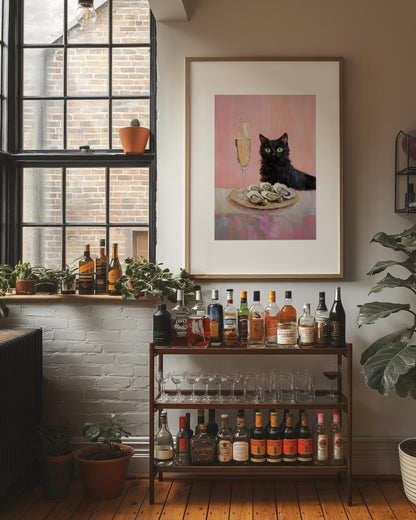 Black Cat with Champagne and Oysters Art Print | Cute Quirky Whimsical | Cocktail Art Bar Cart Decor | Fine Art Print Gift | Funny Cat Art