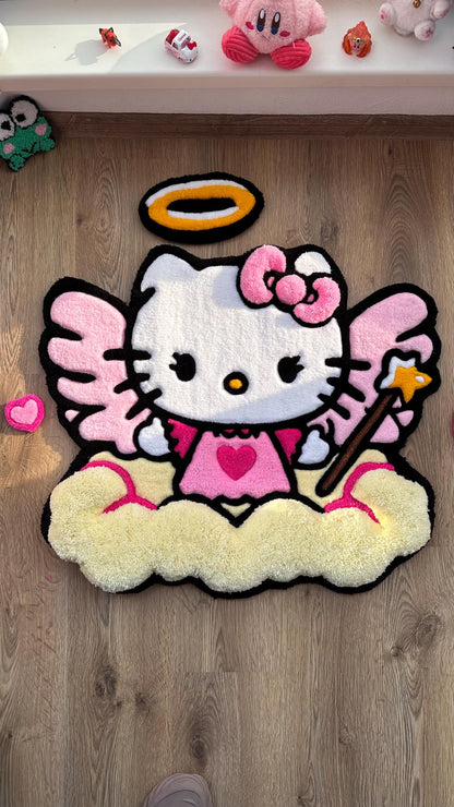 Hello Angel Wings Rug – Custom Puffy Tufted Fluffy Carpet, Handmade Cute Cloud Rug, Decor for Girls Room or Kawaii Gift Idea