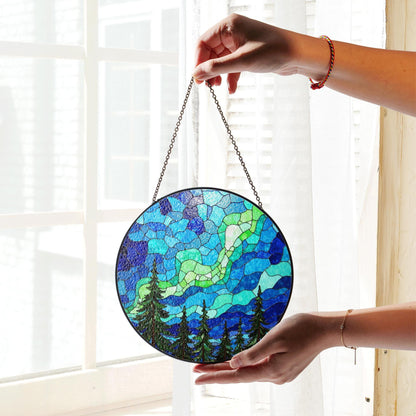 Aurora Borealis Forest Stained Glass Suncatcher Gift for Nature Lovers
