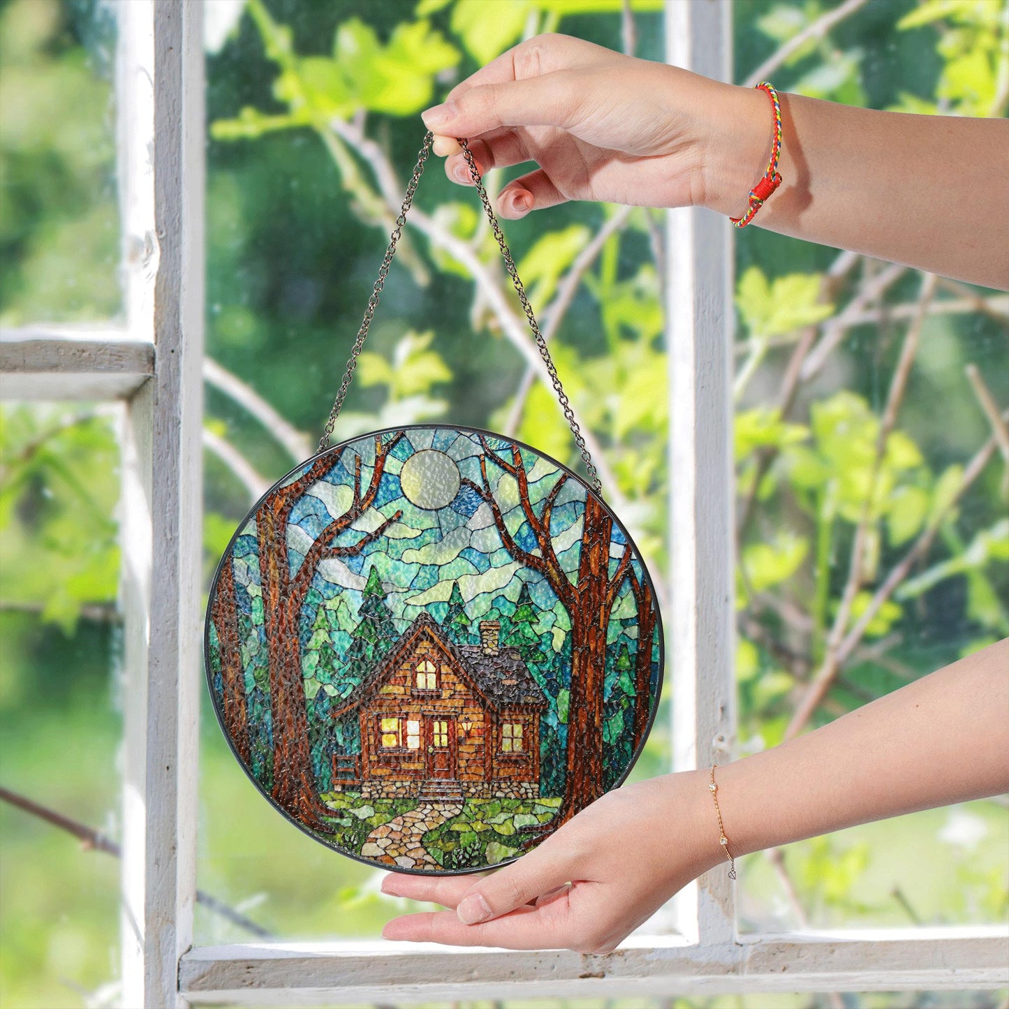 Cabin in Forest Stained Glass Suncatcher Cozy Home Decor Gift for Nature Lovers