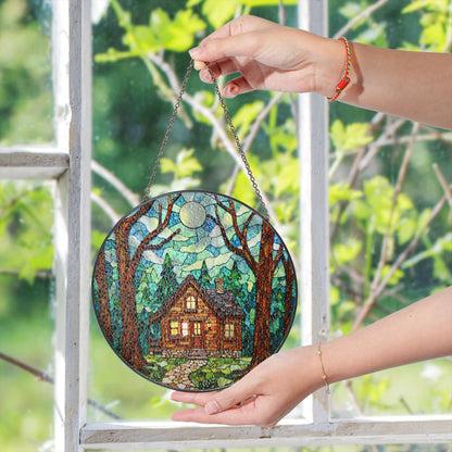 Cabin in Forest Stained Glass Suncatcher Cozy Home Decor Gift for Nature Lovers