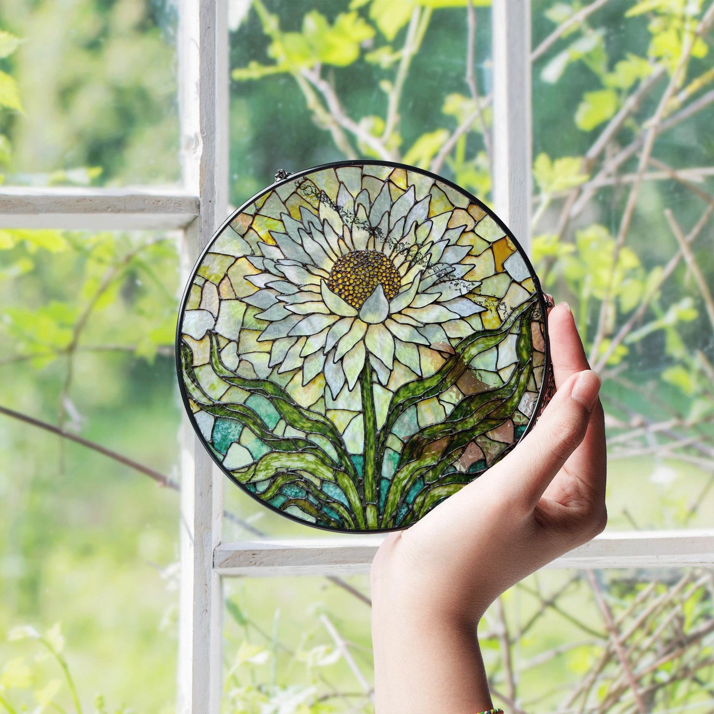 White Flower Stained Glass Suncatcher Window Decor Gift for Mom Grandma