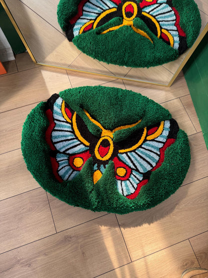Oldschool Butterfly 3D Fluffy Handmade Tufted Rug, Fluffy Home Decor, Home Decor, Tufted Wall Hangings, Butterfly Decor, Green Rugs