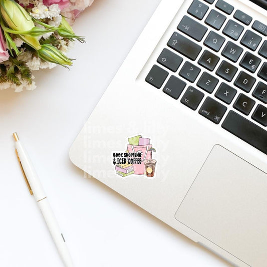 Book Shopping and Iced Coffee Tote Bag Vinyl Sticker | Kindle Sticker | Bookish Stickers | Mood Reader | Girly | Shopping Bag | Book Stack