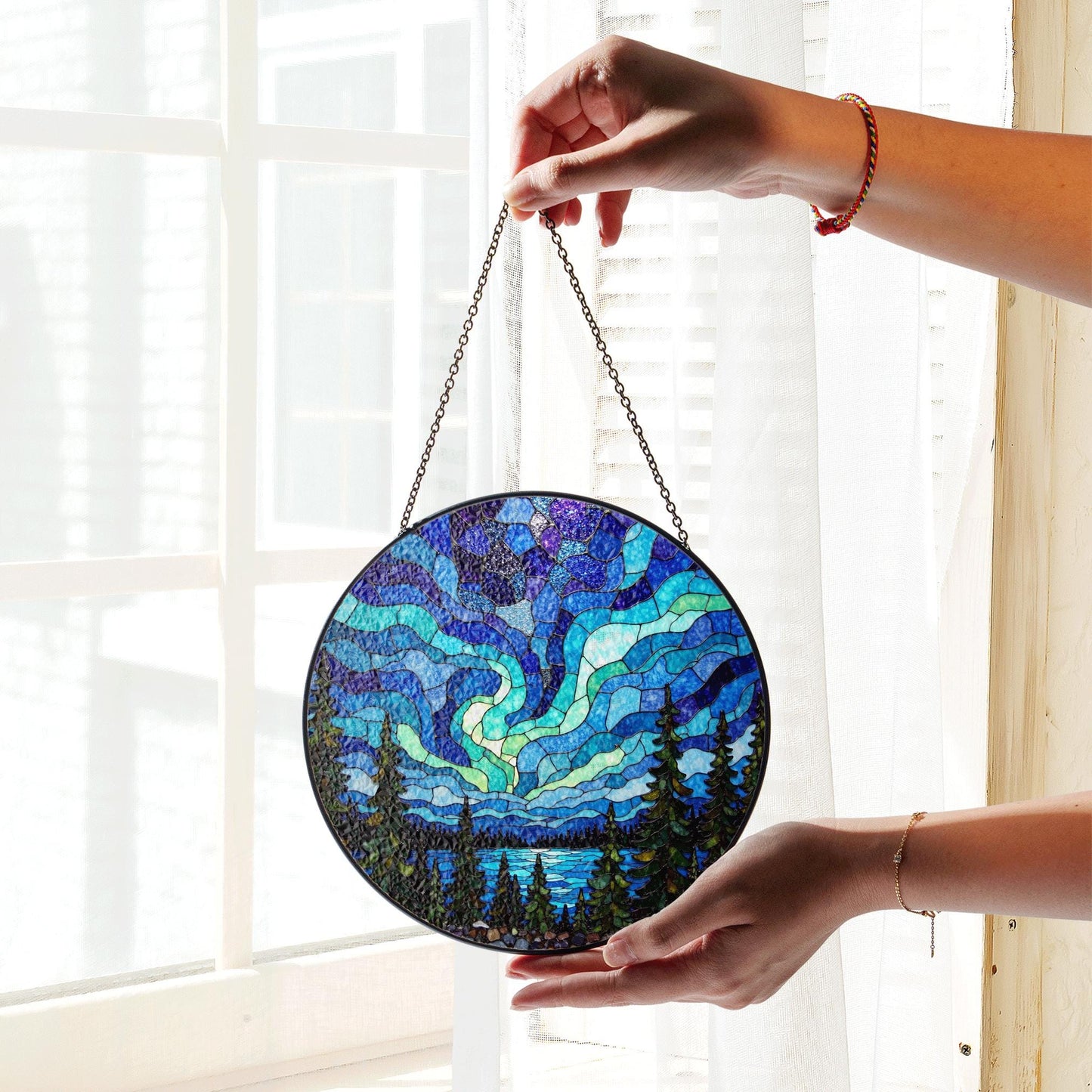 Northern Lights Stained Glass Suncatcher Nature Window Hanging Gift for Nature Lovers