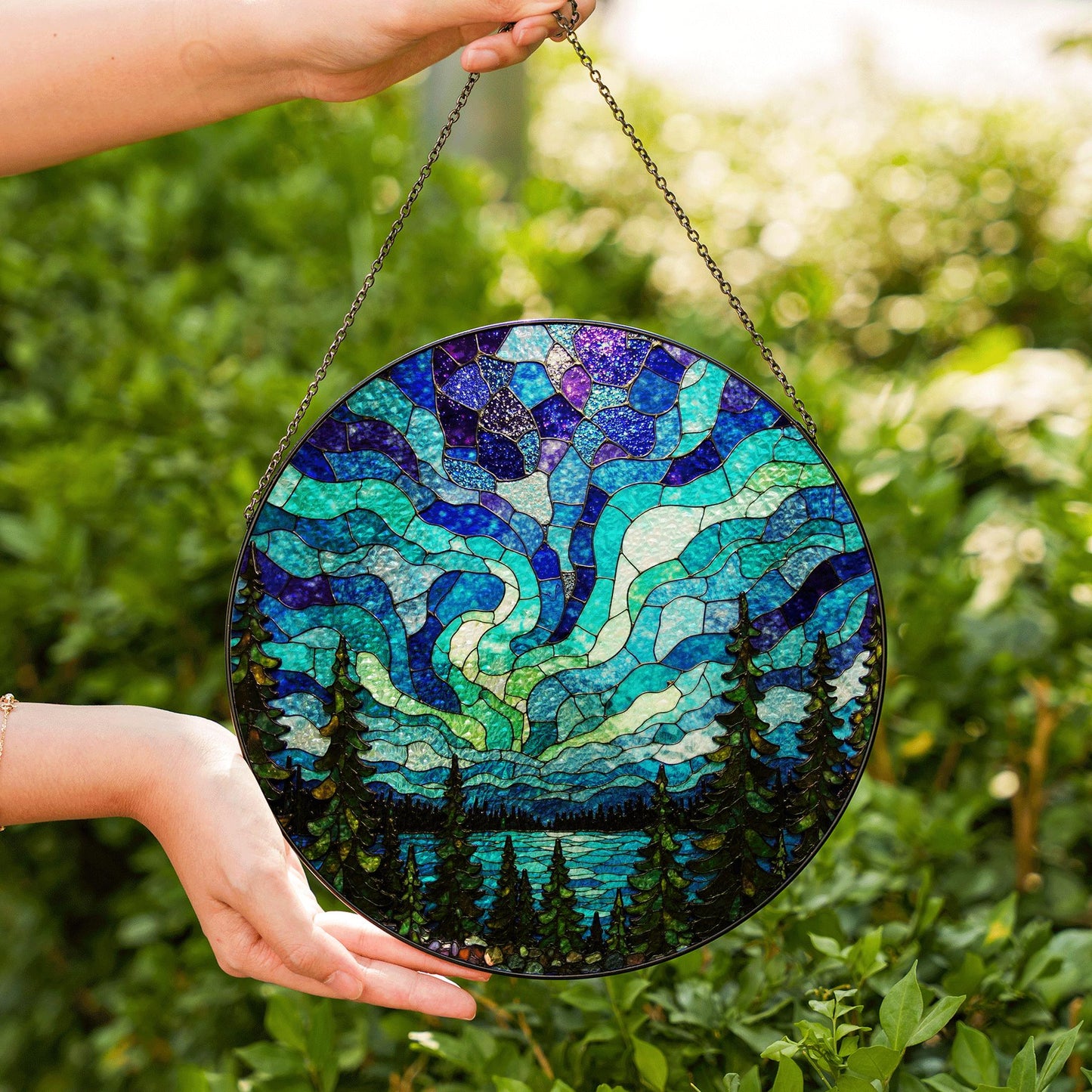 Northern Lights Stained Glass Suncatcher Nature Window Hanging Gift for Nature Lovers