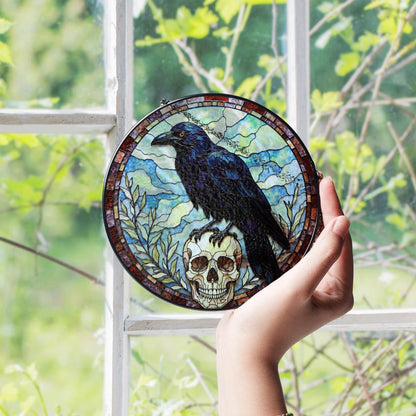 Raven Skull Stained Glass Suncatcher Gothic Window Hanging Gift for Nature Lovers