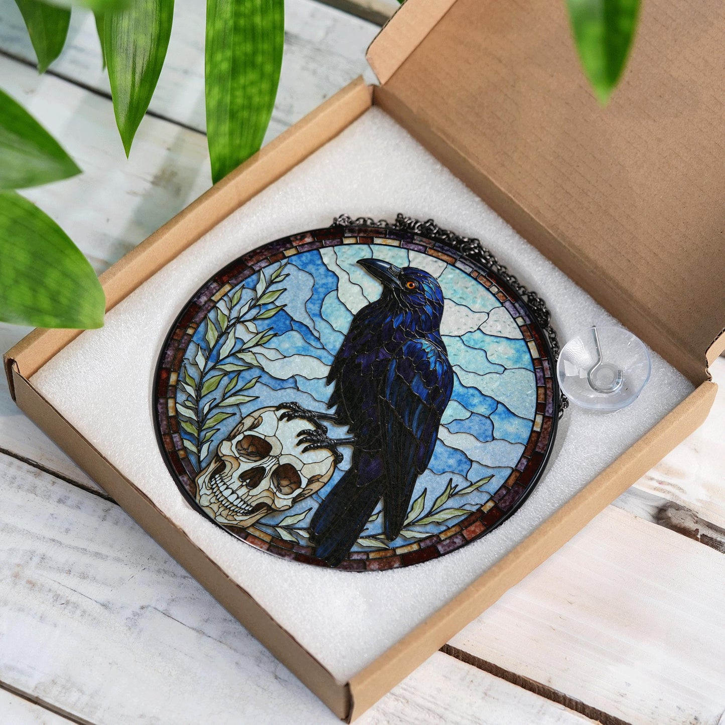 Raven Skull Stained Glass Suncatcher Gothic Window Hanging Gift for Nature Lovers
