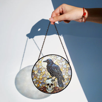 Raven Skull Stained Glass Suncatcher Gothic Decor Halloween Gift