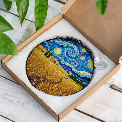 Starry Night Wheat Field Suncatcher Window Hanging Art Gift for Art Lovers