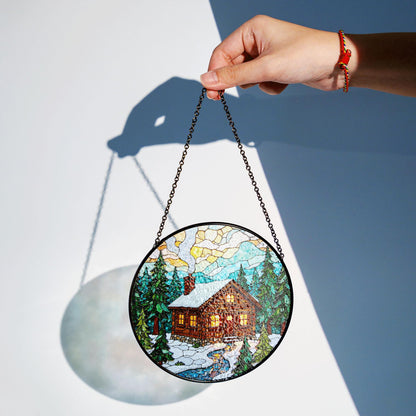 Cozy Cabin Stained Glass Suncatcher Winter Decor Gift for Nature Lovers