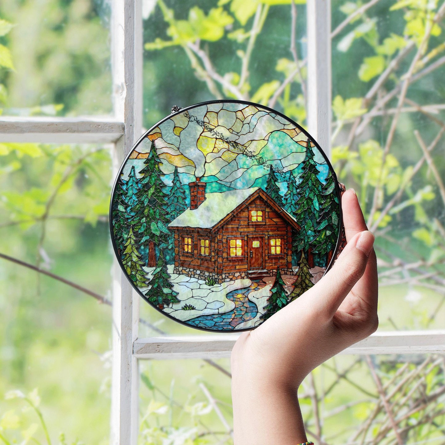 Cozy Cabin Stained Glass Suncatcher Winter Decor Gift for Nature Lovers