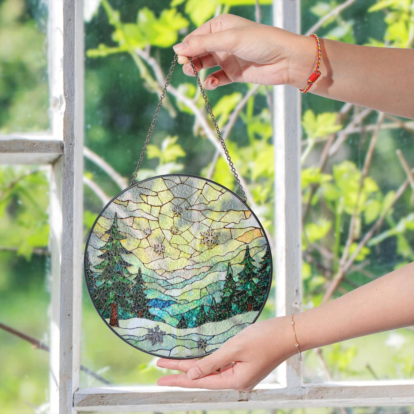 Winter Forest Stained Glass Suncatcher Christmas Gift Home Decor Window Hanging