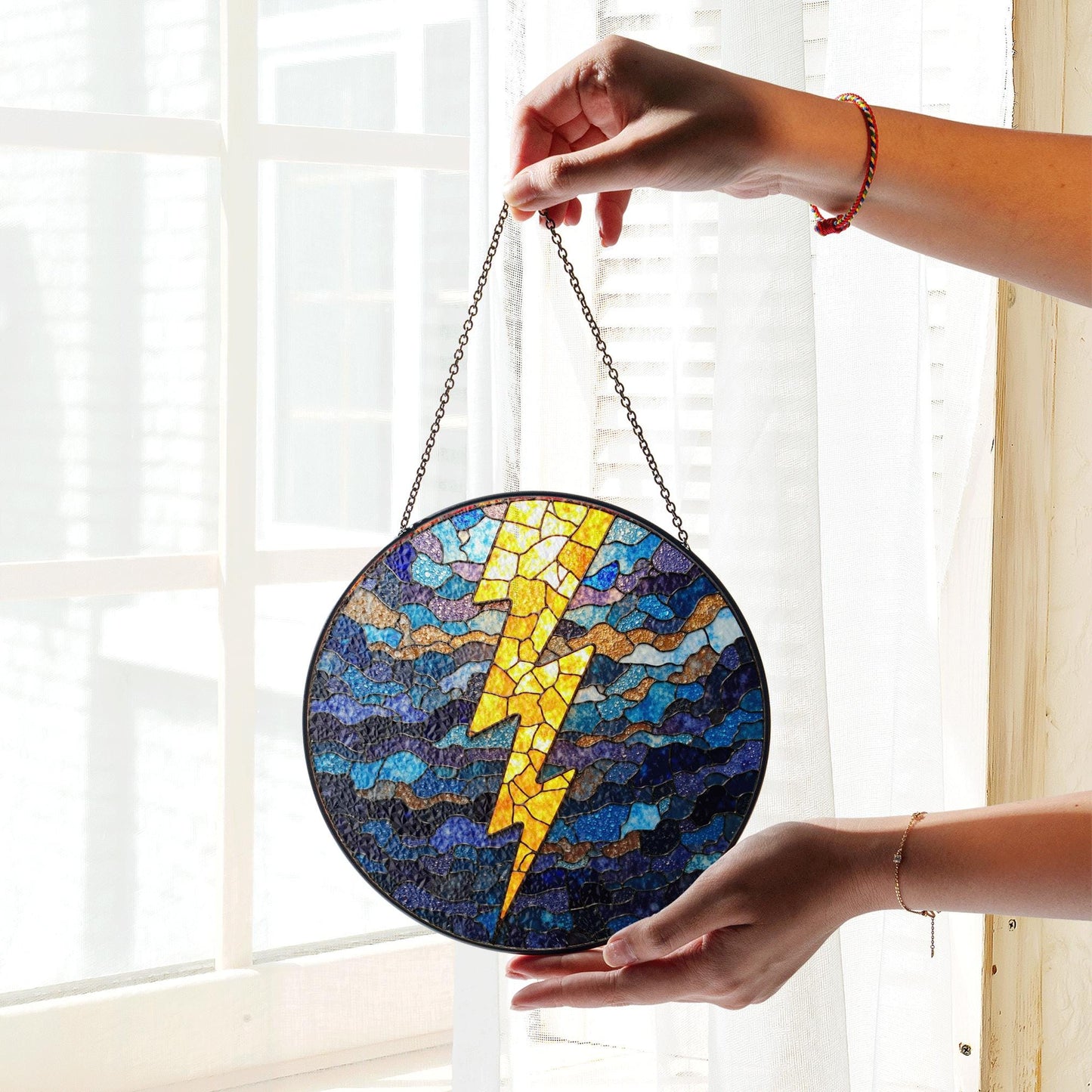 Lightning Bolt Stained Glass Suncatcher Window Hanging Gift for Storm Lovers