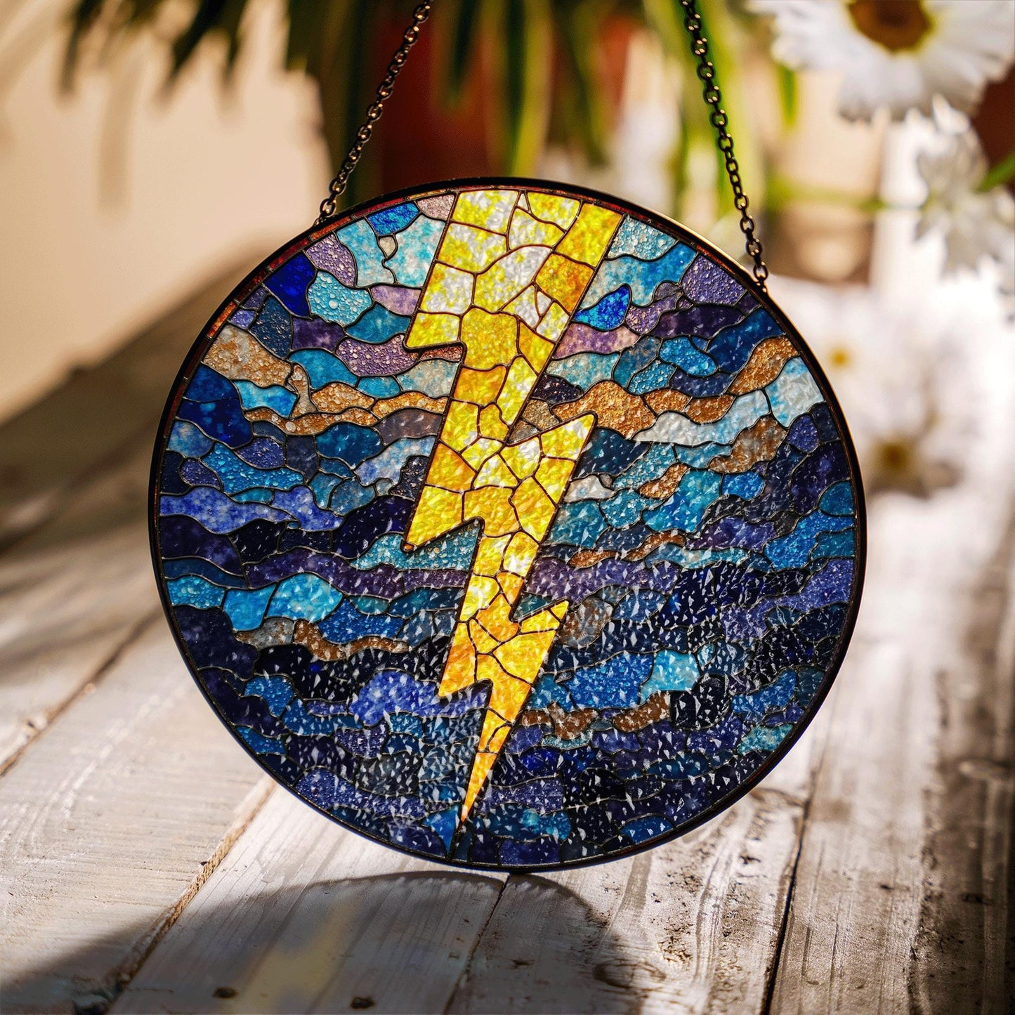 Lightning Bolt Stained Glass Suncatcher Window Hanging Gift for Storm Lovers