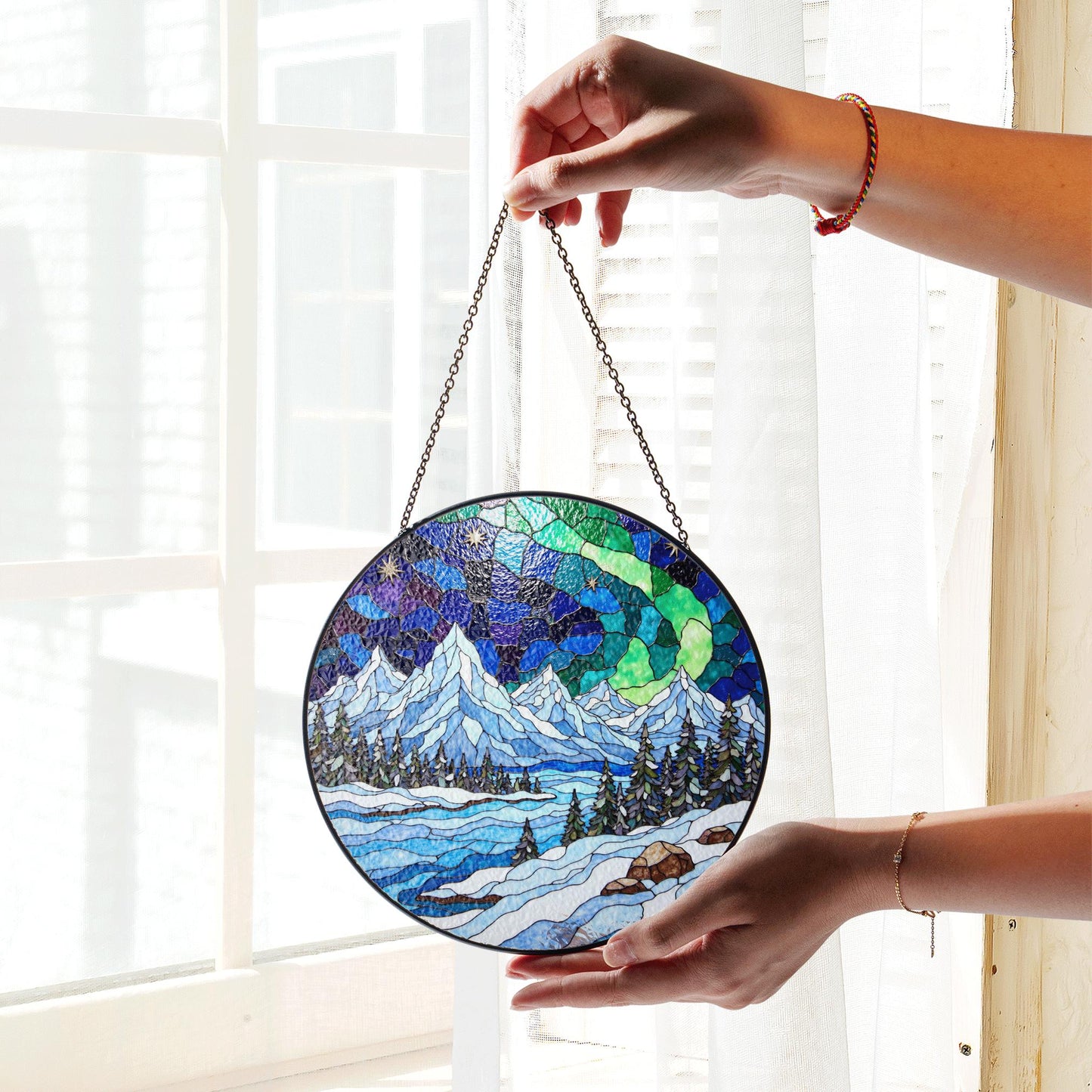 Mountain Landscape Suncatcher Stained Glass Window Hanging Gift for Nature Lovers