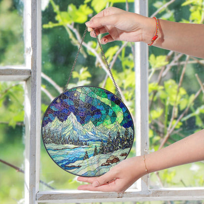 Mountain Landscape Suncatcher Stained Glass Window Hanging Gift for Nature Lovers