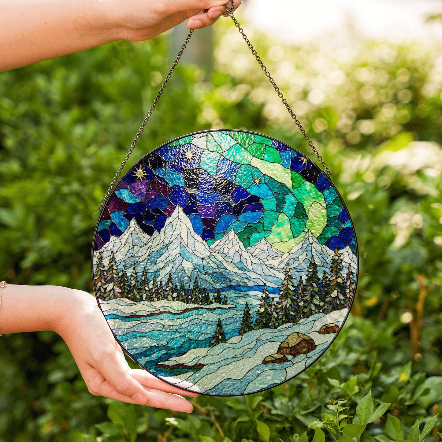 Mountain Landscape Suncatcher Stained Glass Window Hanging Gift for Nature Lovers