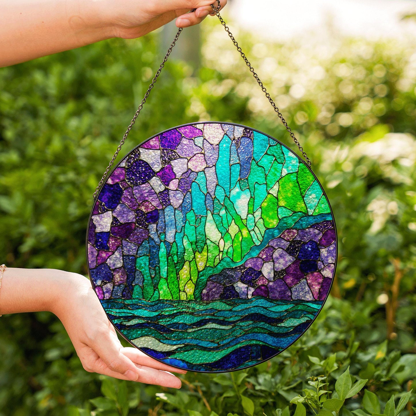 Northern Lights Stained Glass Suncatcher Window Decor Gift for Nature Lovers