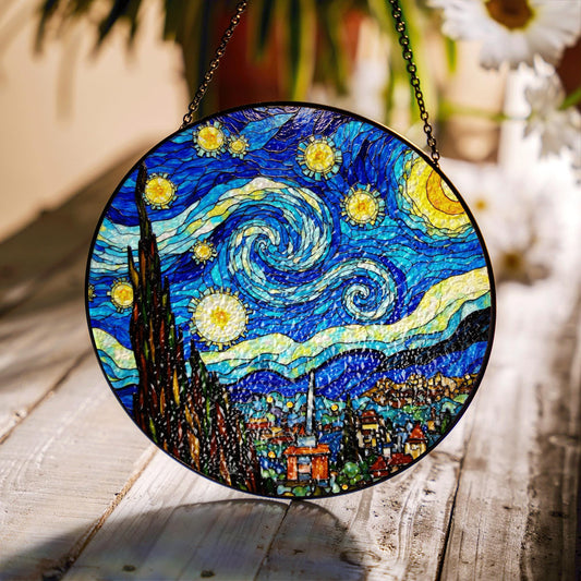 Stained Glass Starry Night Suncatcher Window Hanging Gift for Art Lovers