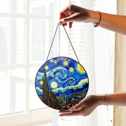 Starry Night Stained Glass Suncatcher Art for Home Window Gift for Art Lovers and Van Gogh Fans