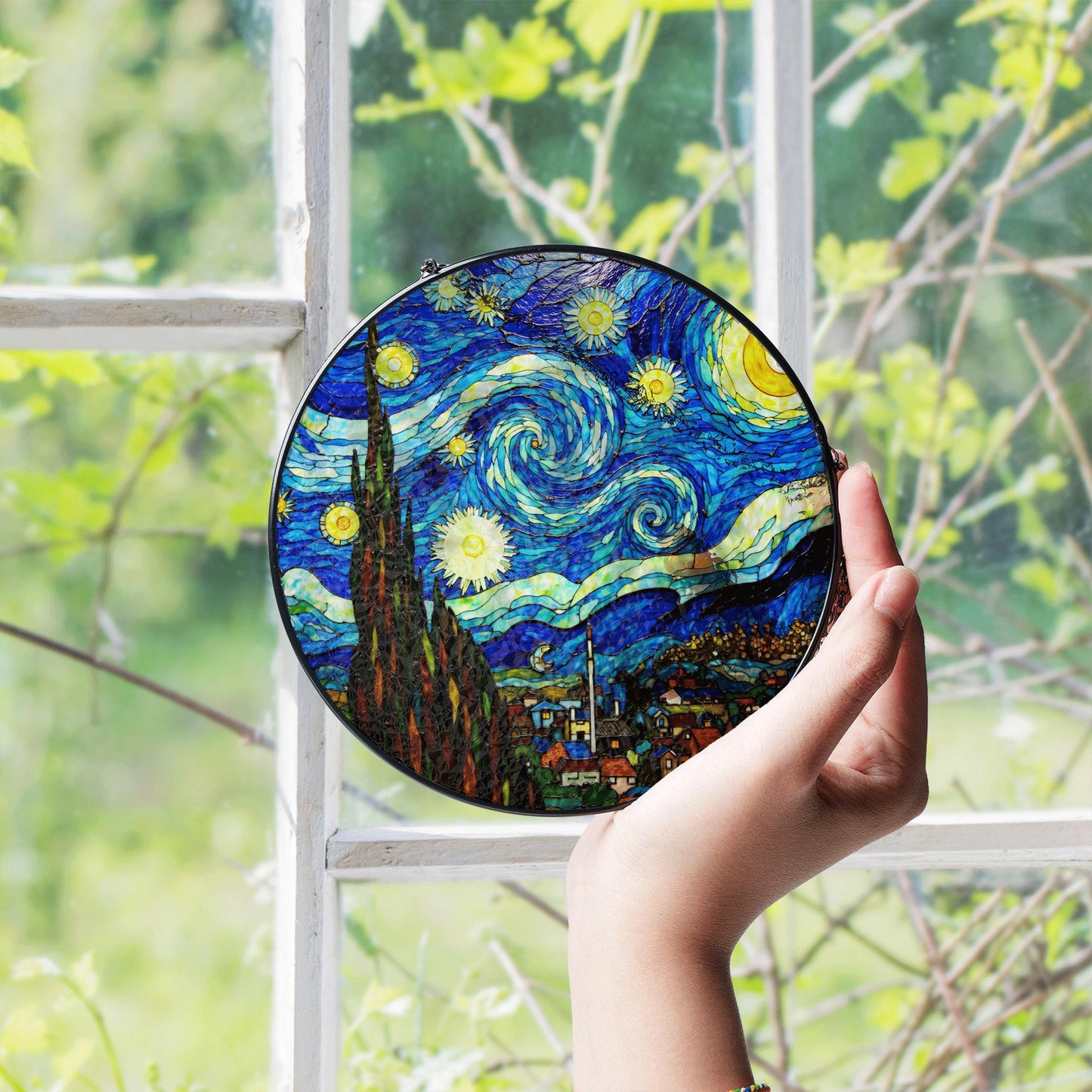 Starry Night Stained Glass Suncatcher Art for Home Window Gift for Art Lovers and Van Gogh Fans