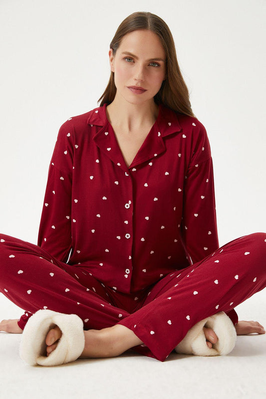 Women's Red Heart Pajama Set – Button-Up Women Pajama Sleepwear, Soft and Cozy Loungewear for Romantic Nights at Home - Gift for Her