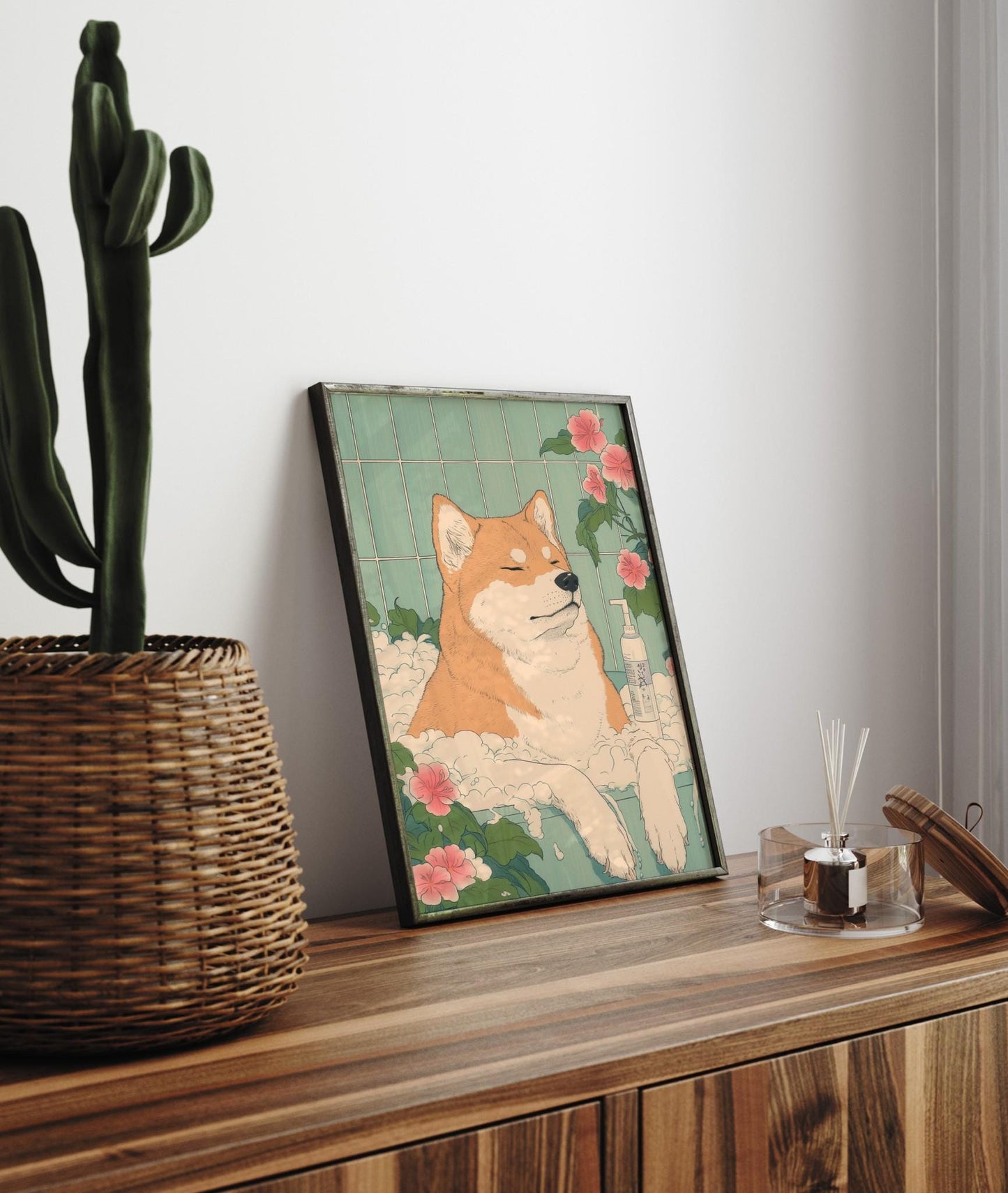 Akita Inu Bathroom Print: Funny Dog in Bathtub in Japanese Style