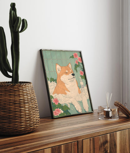 Akita Inu Bathroom Print: Funny Dog in Bathtub in Japanese Style