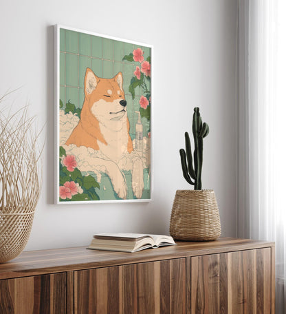 Akita Inu Bathroom Print: Funny Dog in Bathtub in Japanese Style