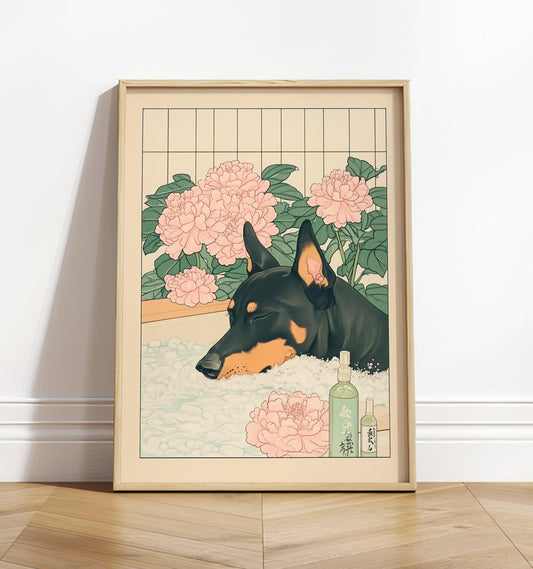 Japanese Doberman Bathroom Print: Ukiyo-e Style Dog Art