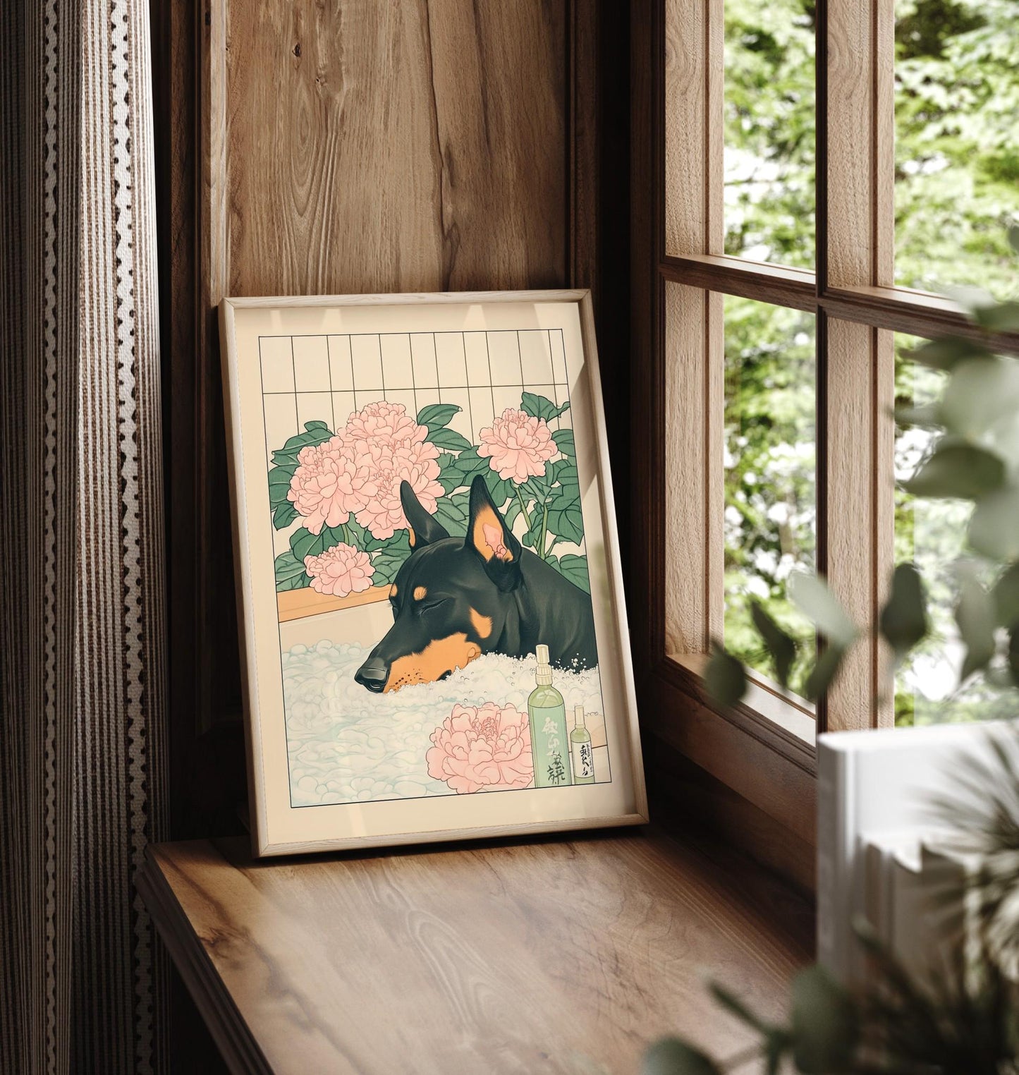 Japanese Doberman Bathroom Print: Ukiyo-e Style Dog Art