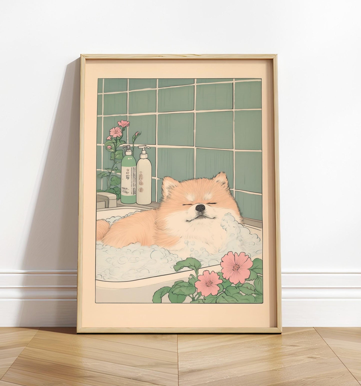 Pomeranian Bath Print: Ukiyo-e Japanese Dog Art