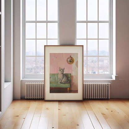Tabby Cat with Disco Ball Art Print | Cute Quirky Whimsical | Cocktail Art Bar Cart Decor | Fine Art Print Gift | Trendy Home Wall Art Print