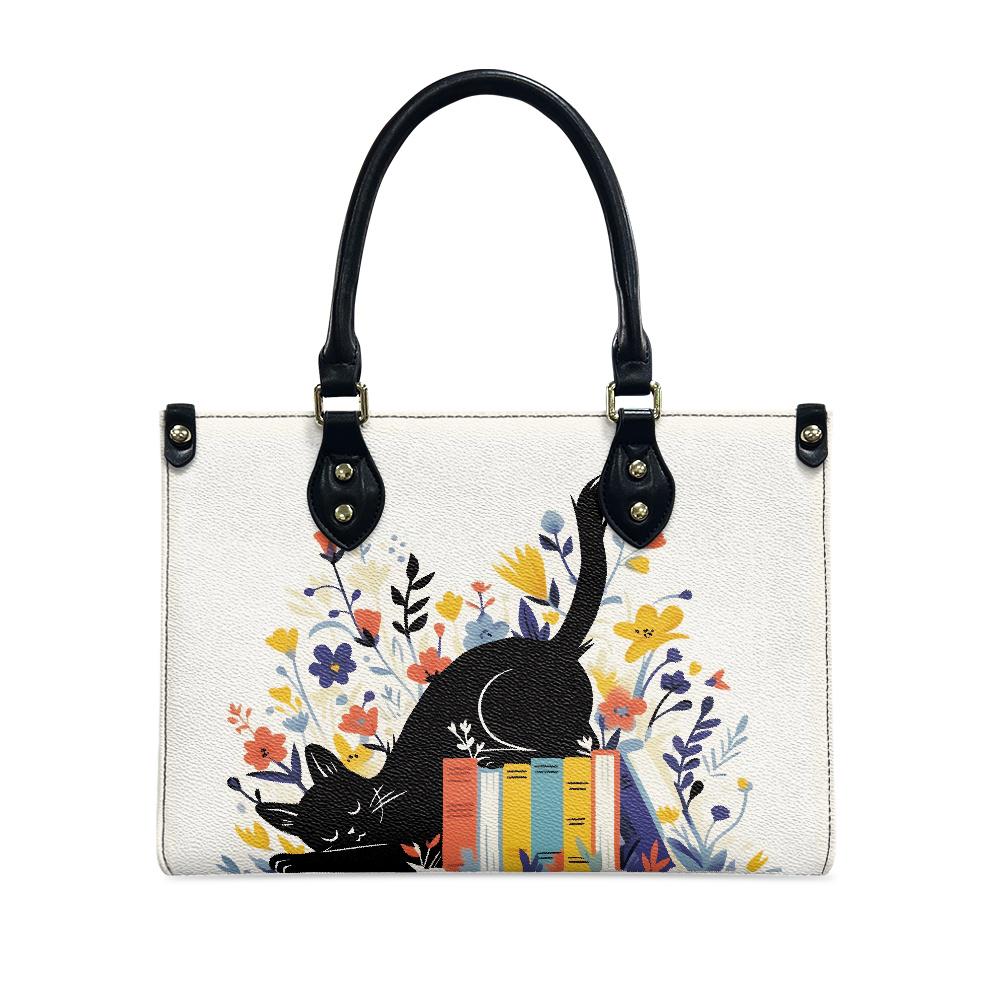 Ladies PU handbag With Cat sleeping on books, Women's Shoulder Bag, Everyday handbag, Ladies Work Bag, Elegant Handbag, Versatile Bag
