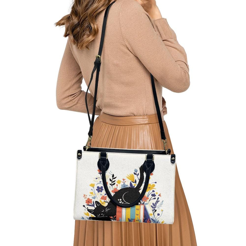 Ladies PU handbag With Cat sleeping on books, Women's Shoulder Bag, Everyday handbag, Ladies Work Bag, Elegant Handbag, Versatile Bag