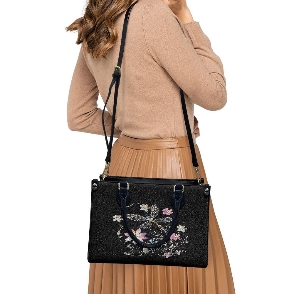 Ladies PU handbag With Colorful Flowers and a Dragonfly,Women's Shoulder Bag,Everyday handbag, Ladies Work Bag,Elegant Handbag,Versatile Bag