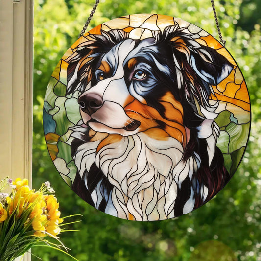 Blue Merle Australian Shepherd: Stained Glass Style Window Hanging