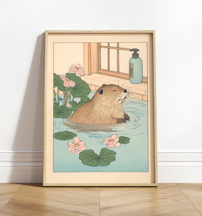 Kawaii Beaver Ukiyo-e Print: Funny Bathroom Japandi Wall Art
