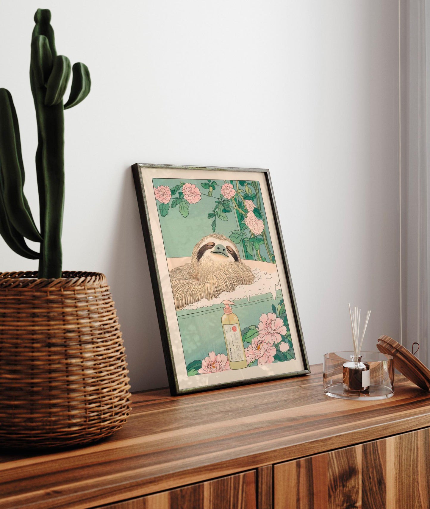 Sloth in Bathtub Ukiyo-e Print: Japandi Bathroom Wall Art