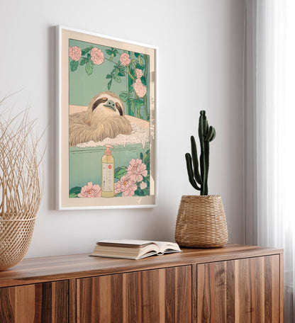 Sloth in Bathtub Ukiyo-e Print: Japandi Bathroom Wall Art