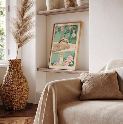 Sloth in Bathtub Ukiyo-e Print: Japandi Bathroom Wall Art